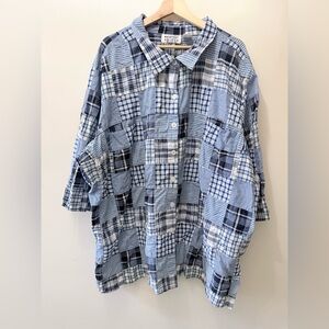 Vintage 90s Plus Size Patchwork Blue Plaid Shirt Cottage Grandma Core Western 4x